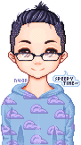 Pixel art of Nickle with their hair in a messy bun, wearing a blue hoodie with purple clouds on it, and saying, "Speepy time~." Art by Nickle.