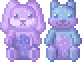 Pixel art of 2 plushies: a pink and purple bunny, and a blue and purple teddy bear. Made by Nickle.
